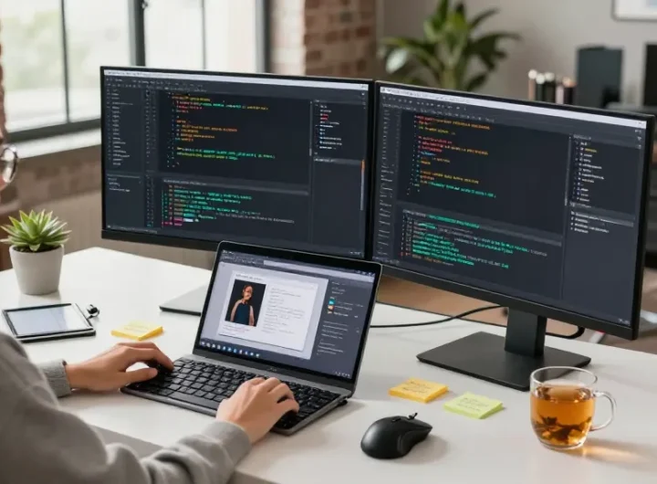 Coding workspace with a developer focused on dual monitors and a laptop, showcasing a collaborative slot application design.