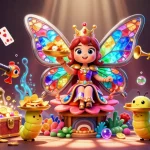 Petirjitu menghadirkan ilustrasi kasino 3D penuh warna dengan karakter ratu kupu-kupu dan elemen permainan yang kaya.