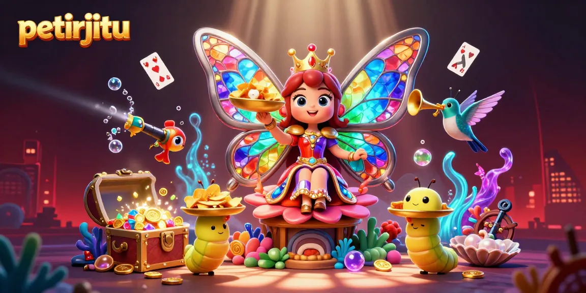 Petirjitu menghadirkan ilustrasi kasino 3D penuh warna dengan karakter ratu kupu-kupu dan elemen permainan yang kaya.