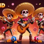 Permainan BINGO4D yang seru dengan karakter kartun dia de los muertos dan bola bingo berwarna cerah.