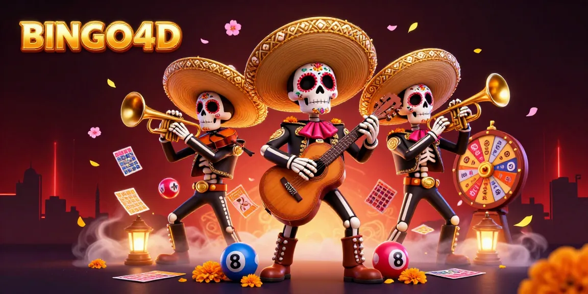 Permainan BINGO4D yang seru dengan karakter kartun dia de los muertos dan bola bingo berwarna cerah.