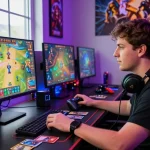 Engaged gamer playing sunwin card game at modern desk setup.