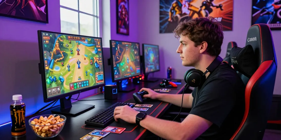 Engaged gamer playing sunwin card game at modern desk setup.