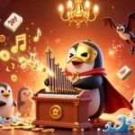 Experience hit casino thrills with a vibrant penguin organist amid a golden coin explosion.