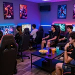 Friends enjoying a gaming session in a hit club environment with vibrant lights and snacks.