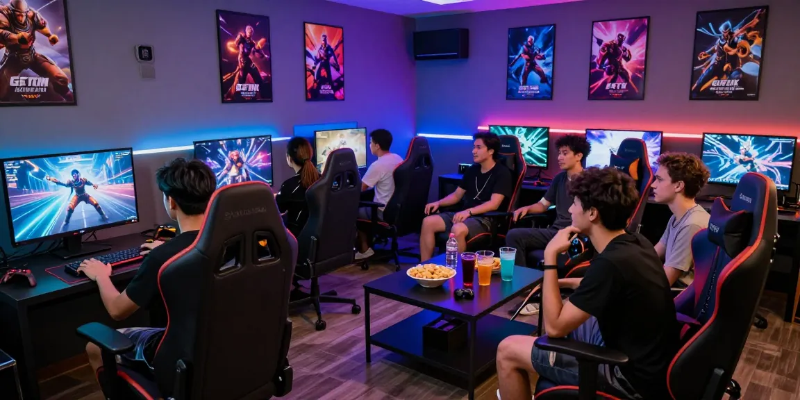Friends enjoying a gaming session in a hit club environment with vibrant lights and snacks.
