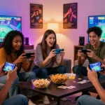 Exciting android game moments of friends playing Teen Patti Gold in a lively living room.