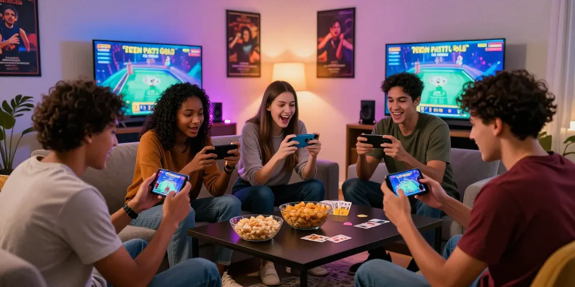Exciting android game moments of friends playing Teen Patti Gold in a lively living room.