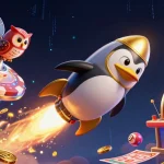 Watitoto penguin launches into a cosmic lottery adventure among vibrant game elements.